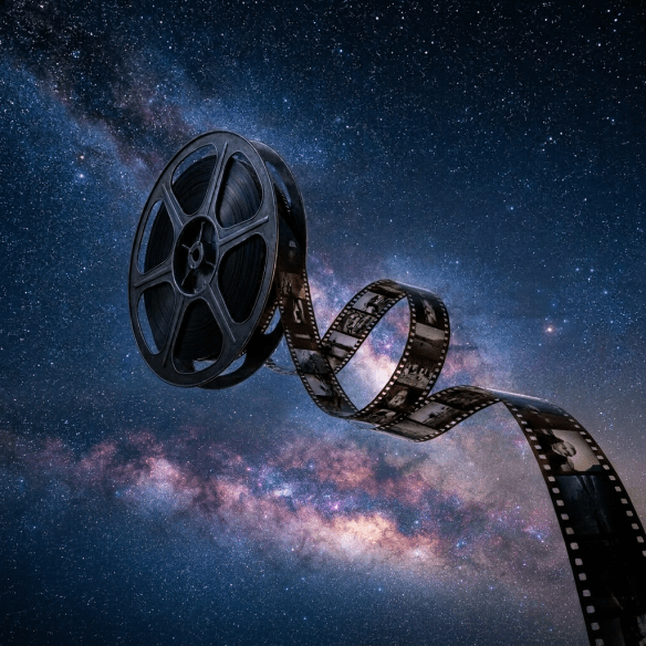 Vintage film reel unspooling with black and white images under a starry night sky