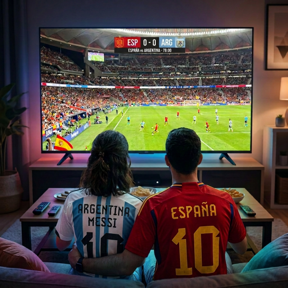 Two football fans sitting together wearing Spain and Argentina jerseys